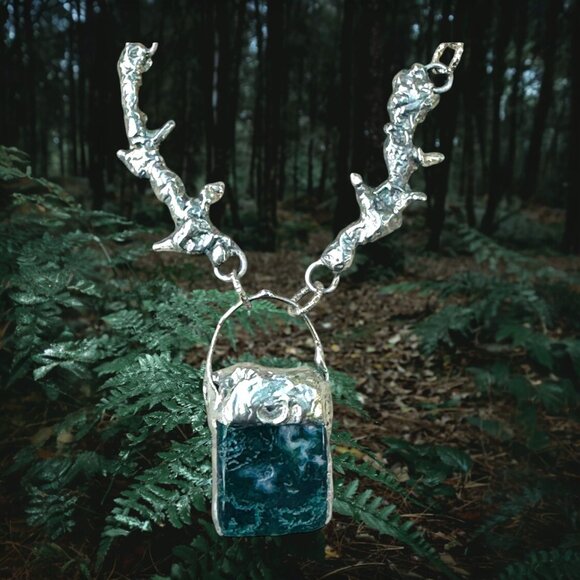 Moss Agate Pendant & Thorn Necklace Crafted with Silver Blend Boho Metalwork - Picture 6 of 16